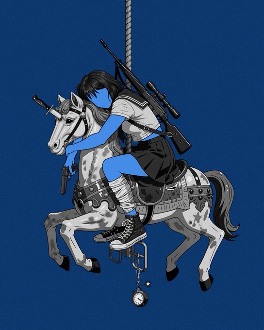 Anime-style illustration of a blue-skinned character riding a white horse on a carousel, carrying sniper rifles and a hanging pocket watch against a deep blue background.