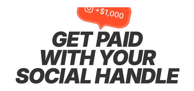 The image features bold black text reading "GET PAID WITH YOUR SOCIAL HANDLE" beneath an orange speech bubble graphic displaying "+$1,000," visually reinforcing the post's promotion of HandlPay, a service that transforms social handles into private payment endpoints for instant transfers.