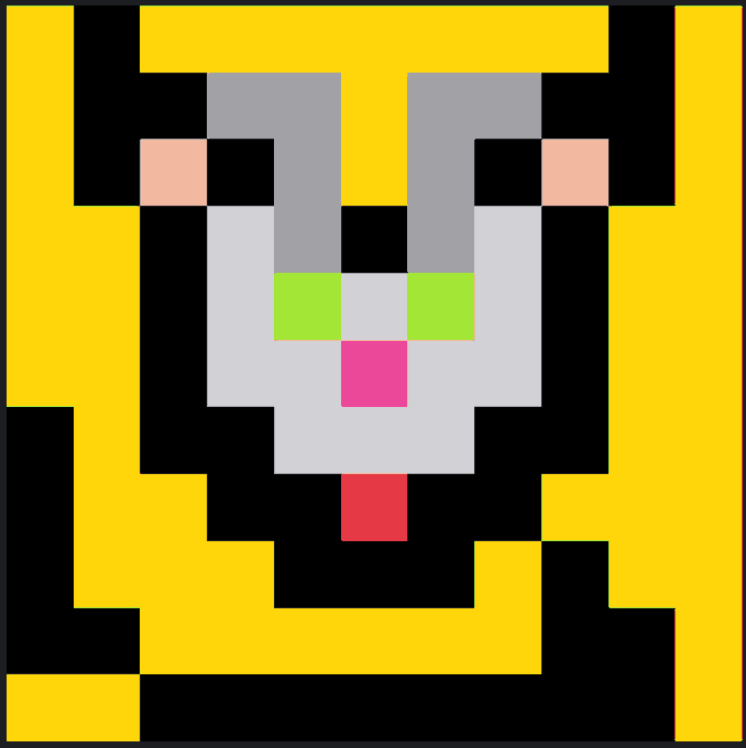 A pixel art image shows a yellow creature or character with large black eyes, peach-colored cheeks, and green and pink nose details.