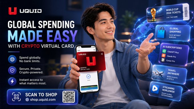An advertisement for UQUID crypto virtual card featuring a smiling man holding a red U-branded card, promoting global spending, World Cup 2026 tickets, shopping, AI subscriptions, and travel.