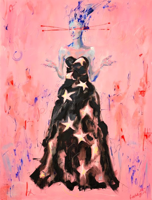 This painting titled "Oh Fateful Night" (oil on canvas, 76x100cm) by the artist "Factotum" depicts a self-portrait of a woman in an elegant black star-adorned gown with a crown, set against a dreamy pink background with blue accents and red laser-like beams crossing her eyes. The artwork, listed on SuperRare, visually embodies the pivotal, transformative night the artist describes, symbolizing a turning point through its ethereal, almost surreal composition.