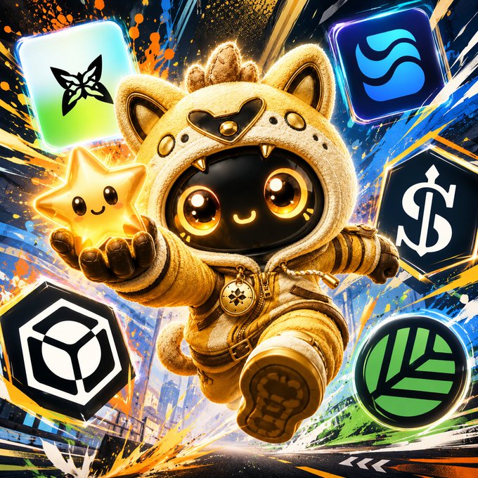 A vibrant illustration of a cute character in a cat-eared hoodie holding a smiling star, surrounded by various cryptocurrency and app logos against a colorful paint-splatter background.