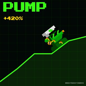 A pixel art image showing a green chart line rising sharply with the text 'PUMP +420%' and a character on a rocket, labeled '#RATBATTA8D' in the corner.