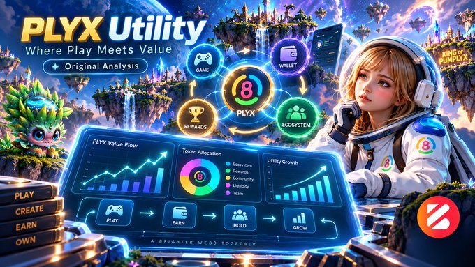 A vibrant promotional graphic for 'PLYX Utility - Where Play Meets Value' featuring a futuristic astronaut girl, floating islands, and dashboards showing token allocation and value flow.