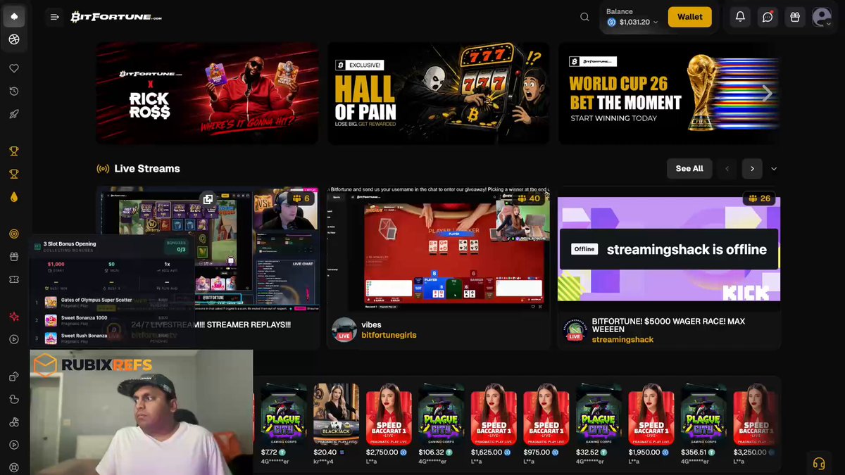 The image shows a screenshot of a computer screen displaying the desktop of Rubix, an online video game streaming platform that features various popular TV show clips along with several live streams related to gambling sites such as DreamHack.com. It appears that someone is viewing these clips or checking out some of the gaming content on Rubix's website. The screen also shows a man sitting in front of his computer monitor, which might be an indication of someone watching or playing a video game online.