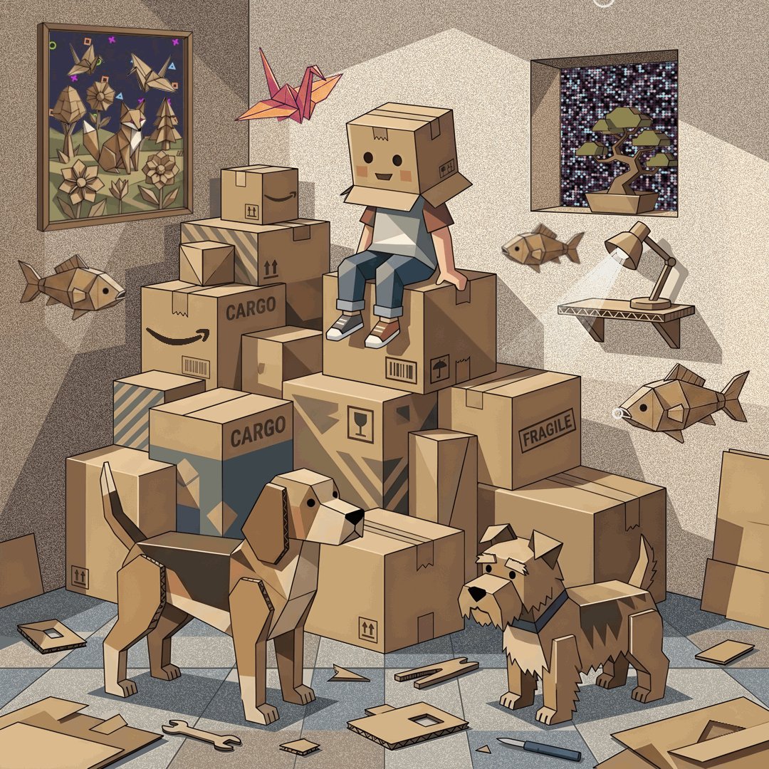 The image features a cartoon scene of two dogs, one brown and one black, sitting next to each other with their heads stuck into cardboard boxes. The brown dog has its head sticking out from behind a large cardboard box while the black dog has its head inside another smaller box. There are also several fish in the background, adding to the whimsical atmosphere of the scene.
