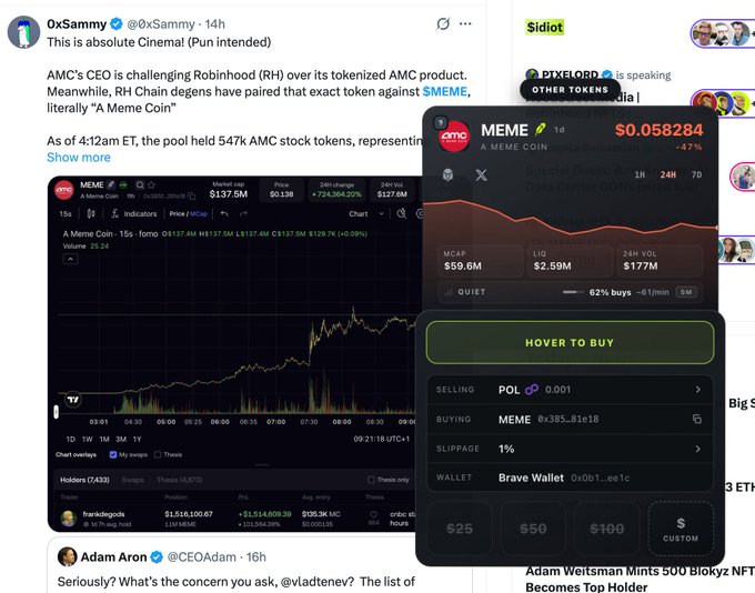 A social media screenshot shows tweets about AMC stock and a MEME coin trading interface displaying the ticker "MEME" at $0.058284 with a chart.