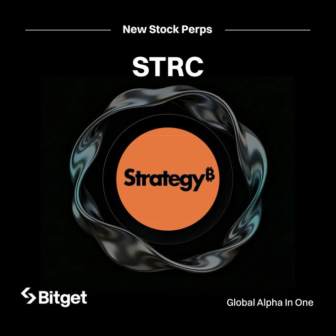 Bitget promotional graphic announcing the launch of "STRC" stock perpetual contracts for Strategy (formerly MicroStrategy), featuring the orange Strategy logo encircled by a glossy black floral design against a dark background, alongside Bitget's "Global Alpha In One" tagline.