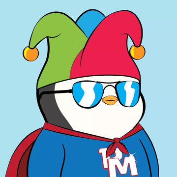 The image features a cartoon penguin wearing glasses, sunglasses, and a red hat with green and blue balls. The penguin has a blue shirt and a red scarf around its neck. The background of the image is white, which contrasts with the colorful attire of the penguin. The caption to the image reads: "If I'm gonna own ETH I prefer to do it in penguins."