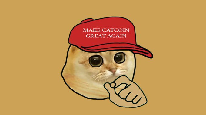 A crying cat meme wearing a red "MAKE CATCOIN GREAT AGAIN" hat gives a thumbs-up, rallying support for the CatCoin ($CATCOIN) airdrop to random Solana wallets. The image's "Make CatCoin Great Again" slogan ties directly into the post's promotion of bringing $CATCOIN to the Solana blockchain.