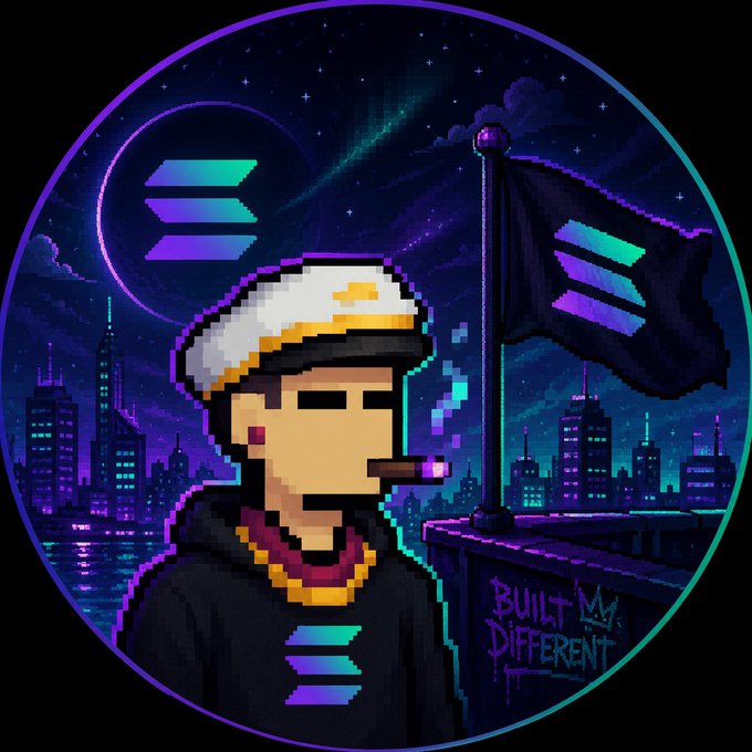 The image features a man wearing a hat, smoking a cigarette, and standing next to a flag with the word "SOLANA" written on it. The background of the image depicts a city skyline at night under a moonlit sky. The caption below the image reads: "It's always a great time to buy @solana".
