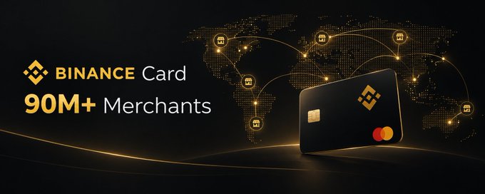 A black Binance Card featuring the Mastercard logo is displayed against a dark background with a glowing gold world map highlighting global merchant locations, paired with the text "BINANCE Card" and "90M+ Merchants" to emphasize the card's worldwide spending reach. The image visually reinforces the post's message about crypto payment utility extending beyond single purchases, showcasing the card's broad acceptance across millions of merchants globally.