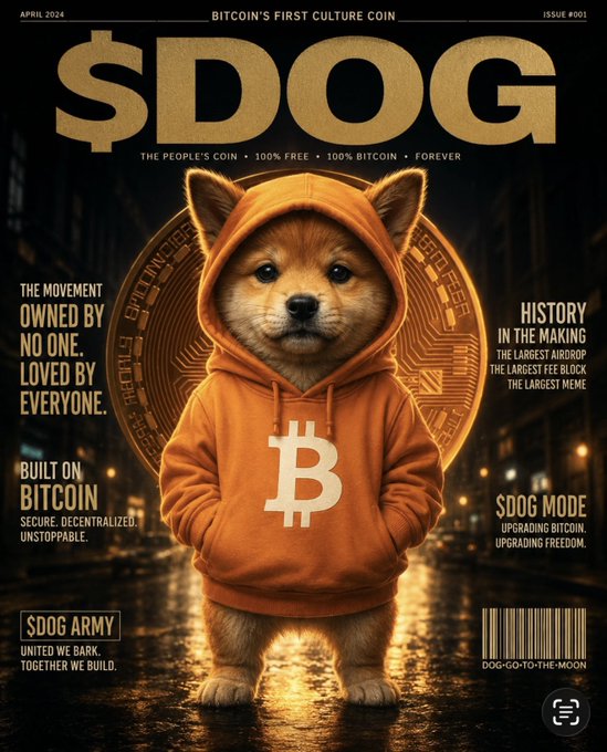 Magazine-style cover for '$DOG' titled 'Bitcoin's First Culture Coin' (April 2024), featuring a Shiba Inu in an orange Bitcoin hoodie standing on a wet city street.