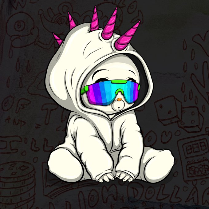 A digital illustration of a baby in a white hoodie with pink unicorn horns and rainbow goggles, sitting against a dark graffiti background.