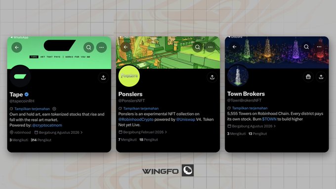 Three Wingfo app profile cards showcase NFT projects: "Tapo" (@tapecoinRH), "Ponslers" (@PonslersNFT), and "Town Brokers" (@TownBrokersNFT), corresponding to the featured projects described in the accompanying text.
