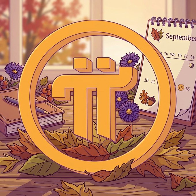 An autumn-themed illustration of the Pi (π) cryptocurrency logo in gold, surrounded by colorful fall leaves, purple flowers, a notebook, and a September calendar.