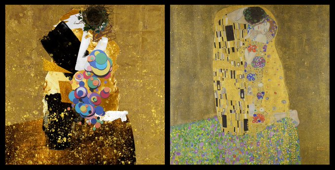 Two Gustav Klimt paintings displayed side by side: on the left, a woman embracing, and on the right, the famous 'The Kiss' featuring a couple wrapped in golden robes.
