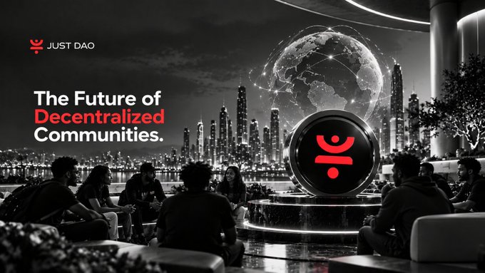 A promotional graphic for 'JUST DAO' titled 'The Future of Decentralized Communities,' showing a group seated around a glowing black sphere with a red logo.