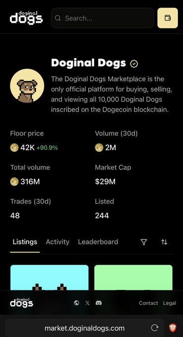 The Doginal Dogs marketplace website shows a floor price of 42K (+90.9%), 30-day volume of 2M, total volume of 316M, market cap of $29M, 48 trades, and 244 listed items at market.doginaldogs.com.
