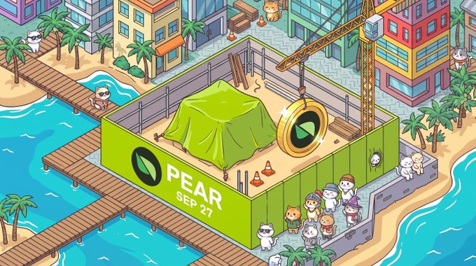 A vibrant cartoon scene depicts a construction site enclosed by green barriers labeled "PEAR SEP 21," where a crane unveils a large, tarp-covered mystery gift while crowds of Pear character mascots gather eagerly. The image teases an upcoming celebration, tying into the post's promise of a special gift for the "Pear Army" on their token's second anniversary this Sunday.