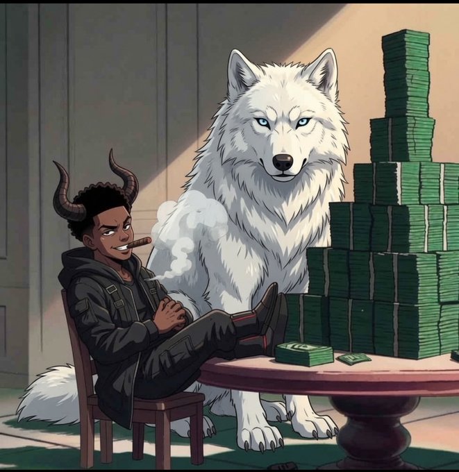 An anime-style illustration of a horned man smoking a cigar while sitting next to a large white wolf, with piles of money stacked on a nearby table.