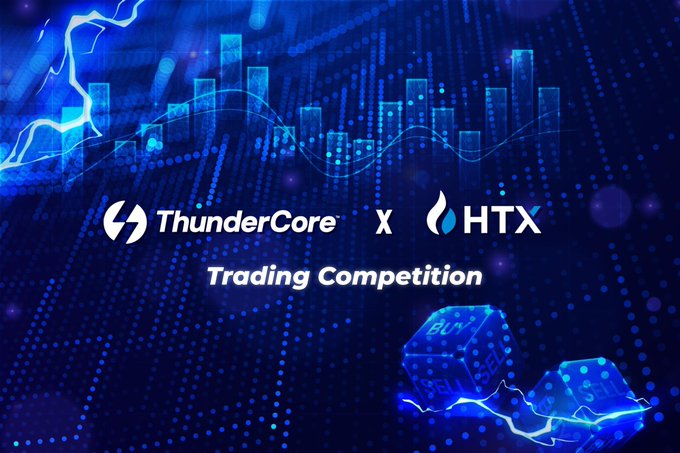 A promotional banner for the 'ThunderCore x HTX Trading Competition' set against a blue digital background with bar charts and glowing blockchain-style cubes.