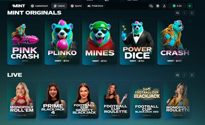A gambling website interface labeled 'MINT' shows original games like 'PINK CRASH,' 'PLINKO,' and 'MINES' alongside live casino options such as 'MONOPOLY ROLL'EM' and 'PRIME BLACKJACK.'