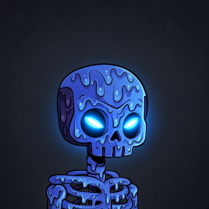 A cartoon-style illustration of a glowing blue skull with melting details and bright cyan eyes against a dark background.