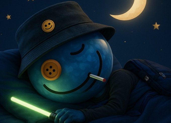 A blue smiley face character wearing a bucket hat with a button, smoking a cigarette and holding a green lightsaber at night under a crescent moon.