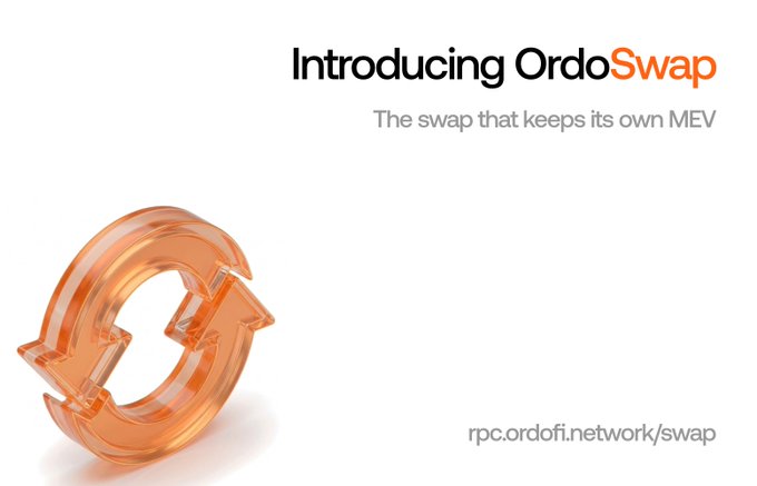 The image serves as a promotional graphic for OrdoSwap, featuring a stylized, glossy orange 3D dollar sign symbol with circular arrows, symbolizing a token swap. The text reads "Introducing OrdoSwap" in bold black and orange lettering, followed by the tagline "The swap that keeps its own MEV," and includes the URL "rpc.ordofi.network/swap." This visual directly aligns with the accompanying post by highlighting OrdoSwap's purpose of capturing Miner Extractable Value (MEV) on Robinhood Chain and returning the surplus to traders, rather than letting it be lost to external extractors.