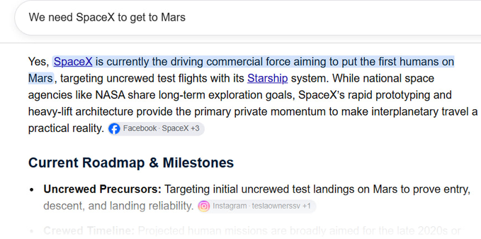 A webpage snippet answering 'We need SpaceX to get to Mars' with information about SpaceX's Starship system and a 'Current Roadmap & Milestones' section discussing uncrewed precursor missions to Mars.