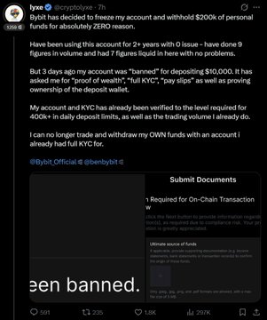 A black and white Twitter post from a user named @BbybitOfficial, discussing the issue of frozen funds for a cryptocurrency exchange.