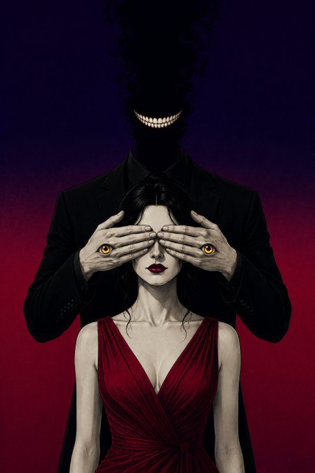 A surreal illustration of a woman in a red dress having her eyes covered by a shadowy figure in a suit whose face is a dark void with a wide, toothy grin.