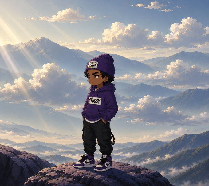 An anime-style illustration shows a young character in a purple "Stüssy" hoodie and matching beanie, standing on a rocky outcrop overlooking a breathtaking mountain range at sunrise. The serene, majestic landscape complements the uplifting "happy fridayy internet frens" message, evoking a sense of calm and weekend excitement.