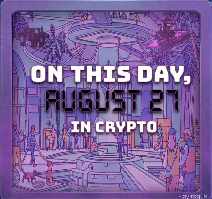 A purple-tinted 'On This Day, August 27 in Crypto' graphic featuring a cartoon illustration of a busy futuristic hub with characters, a central pillar, and flying vehicles.