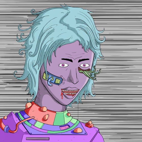 A stylized digital illustration shows a purple-skinned character with messy light blue hair, wide pink eyes, a green tentacle-like appendage on the cheek, blood dripping from sharp teeth, and a colorful cyberpunk-style outfit with tubing.