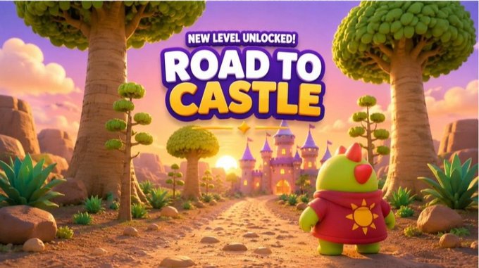 A vibrant cartoon-style promotional graphic featuring a green character in a red hooded cape walking toward a purple castle, with text 'NEW LEVEL UNLOCKED! ROAD TO CASTLE.'