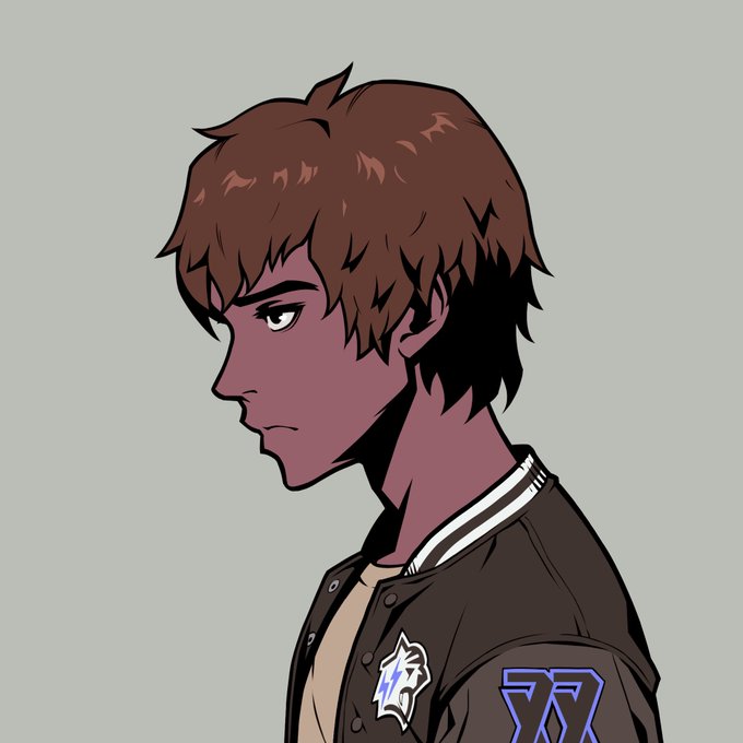Anime-style profile illustration of a young man with messy brown hair and a serious expression, wearing a brown jacket with a white logo and blue '77' on it.