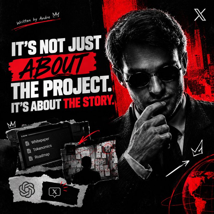 A promotional graphic featuring a man in sunglasses with the text 'Written by Andre M' and 'IT'S NOT JUST ABOUT THE PROJECT. IT'S ABOUT THE STORY.'