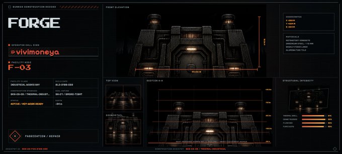 A blueprint-style interface labeled 'FORGE BUNKER CONSTRUCTION RECORD' for Facility F-03, displaying front elevation, top view, side view, and structural integrity metrics with dimensions in meters.