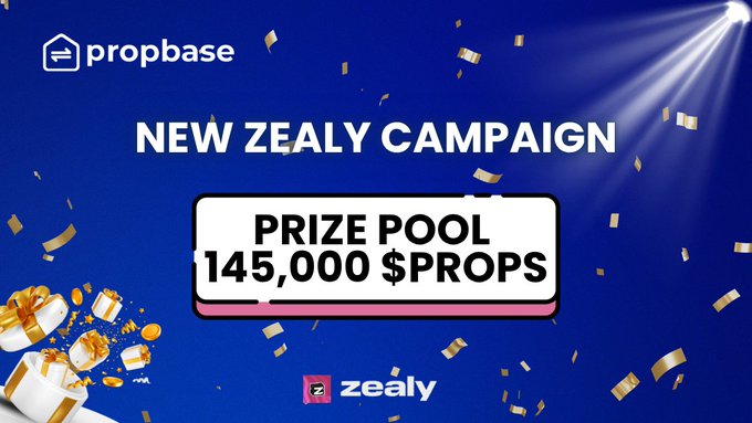 A promotional graphic for a Propbase Zealy campaign features a dark blue background with gold confetti and gifts, displaying the bold text "NEW ZEALY CAMPAIGN" and a "PRIZE POOL 145,000 $PROPS," visually reinforcing the announced reward pool for community participants.