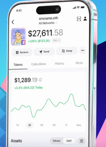 A smartphone displaying the "ensname.eth" account on a crypto wallet app showing a balance of $27,611.58 (+126% / $153.2K) and token holdings of $1,289.19.