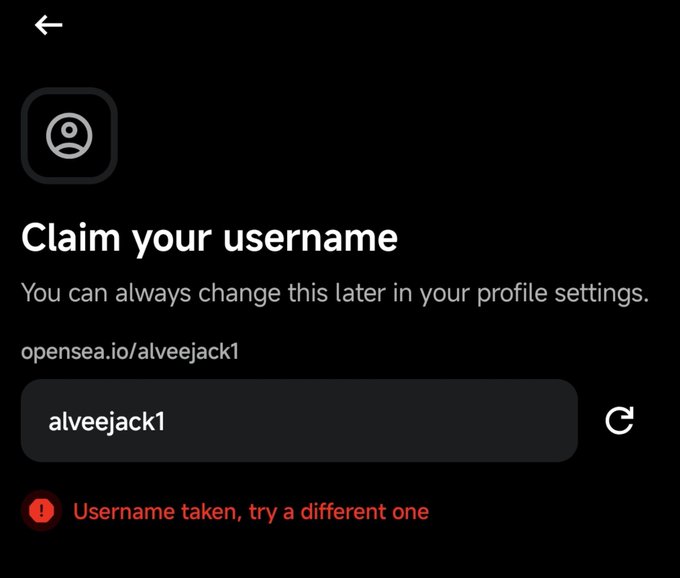 A dark mode screenshot of an OpenSea username claim page showing 'opensea.io/alveejack1' entered in the field, with a red error message stating 'Username taken, try a different one'.