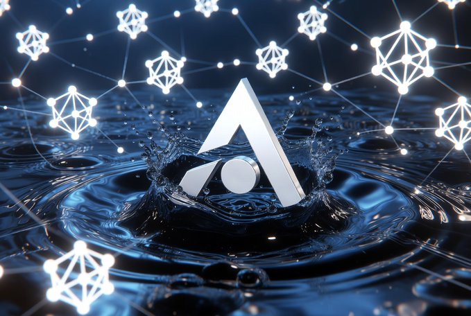 A stylized white "A" logo emerges from a rippling dark blue water surface, surrounded by glowing geometric cryptocurrency-themed nodes connected by a network of lines, visually representing Allbridge's role in connecting multiple blockchains. The image aligns with the post's theme of celebrating Allbridge's bridging services and liquidity pools that enable seamless multi-chain functionality.