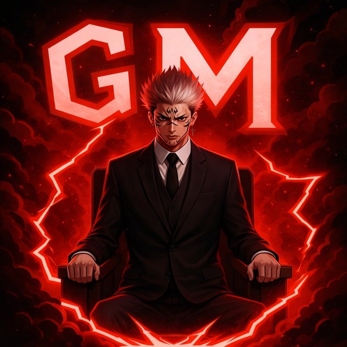 A digital artwork of an anime-style man with white hair and facial markings wearing a black suit, sitting on a chair surrounded by red lightning and dark clouds, with large red 'GM' letters behind him.
