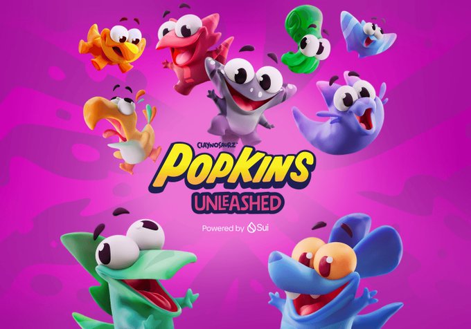 Promotional artwork for 'Curiosaurz Popkins Unleashed' featuring various colorful cartoon creatures on a bright pink background, with text noting it is 'Powered by Sui'.