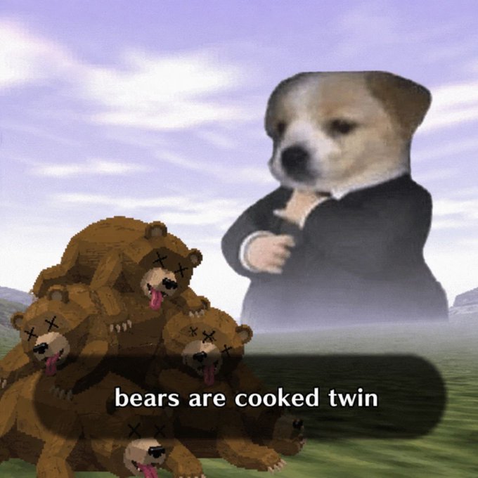 A meme featuring a large dog-headed figure in a suit standing behind a pile of dead bears, with the text 'bears are cooked twin' displayed at the bottom.