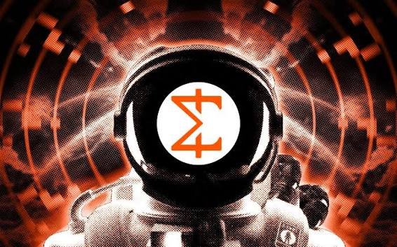 An artistic image of an astronaut in a spacesuit with a glowing red and white circular emblem featuring a sigma-like symbol on the helmet, set against a fiery red background.