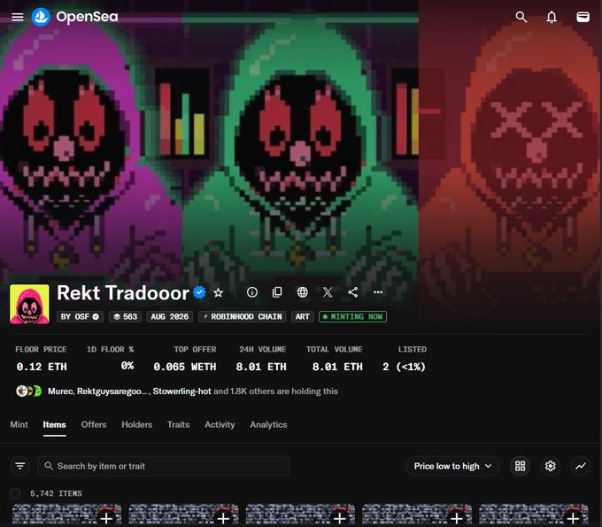 An OpenSea NFT collection page titled 'Rekt Tradooor' by OSF shows pixel art hooded skull characters in various colors, with a floor price of 0.12 ETH and 24H volume of 8.01 ETH.