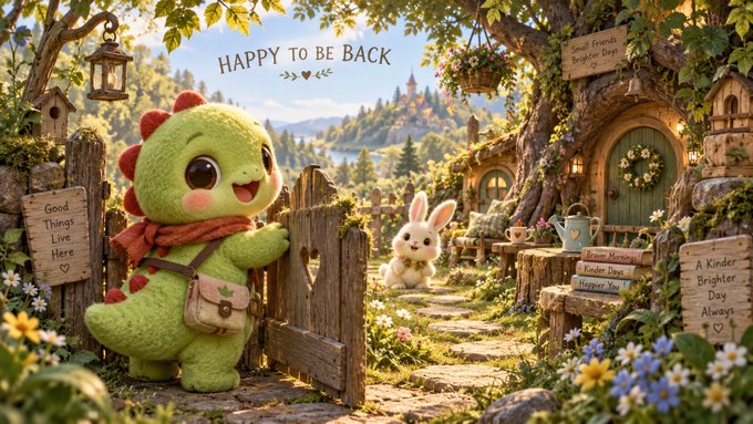 A cute digital illustration of a green dinosaur-like character opening a wooden gate, with a bunny and fairy-tale village in the background, and text reading 'HAPPY TO BE BACK'.